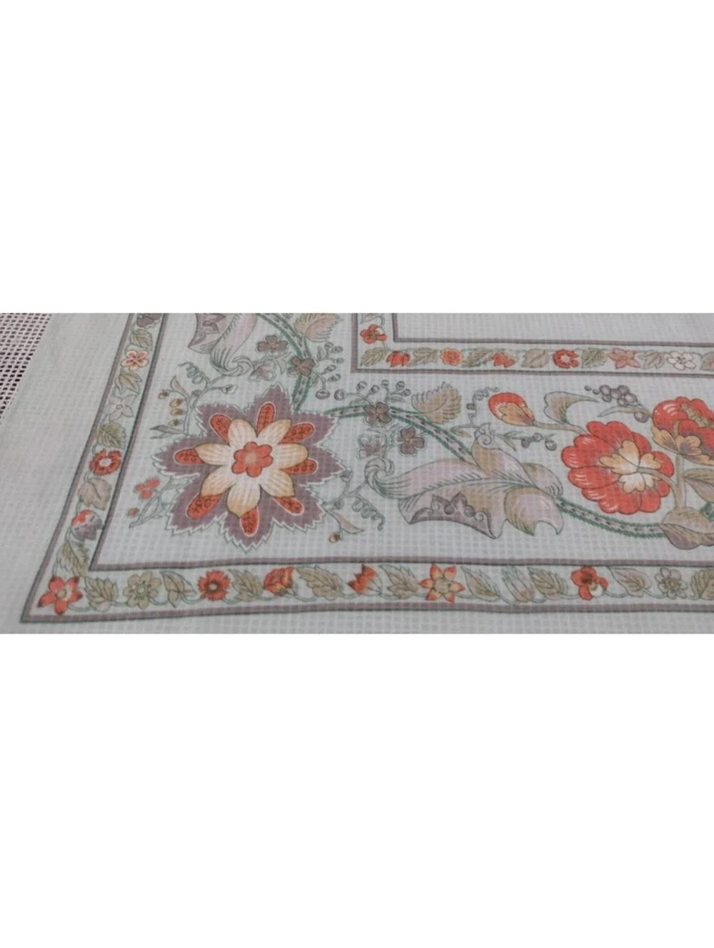 Vintage Cacharel Silk Rayon Scarf Bohemian Style Border Floral Mint Green Gray